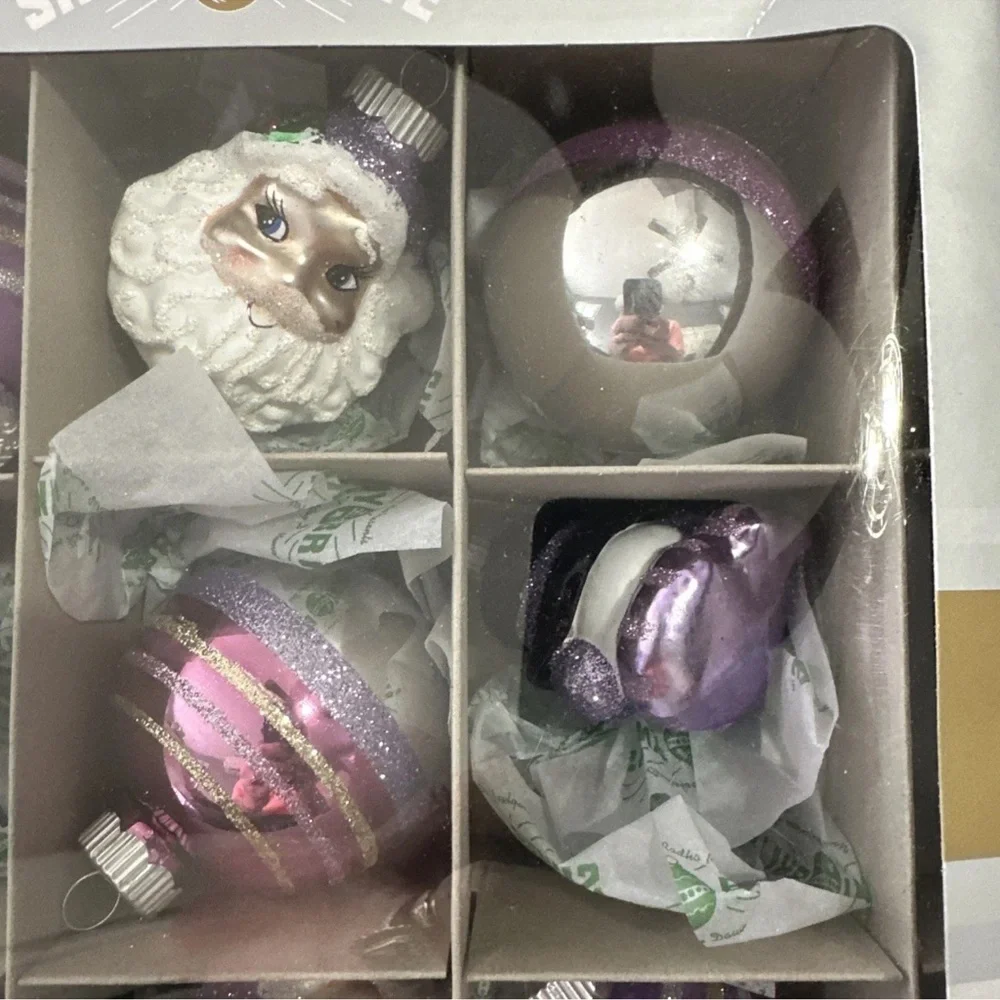 NEW RADKO Shiny Brite Purple & Silver Christmas Ornaments - 9pc Set